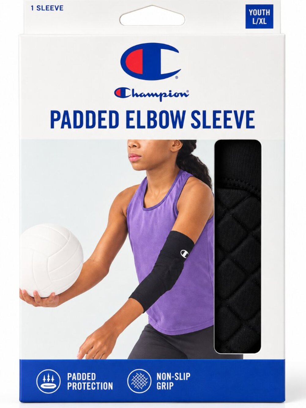 Champion Padded Elbow Sleeve Youth L/XL Black Compression Sports Volleyball